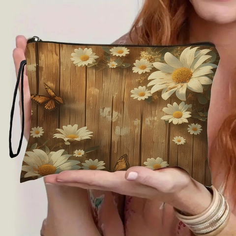 Floral Daisy Butterfly Cosmetic Bag Linen Texture Travel Makeup Pouch Toiletry Organizer Zipper Wristlet