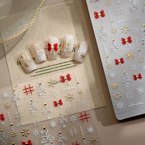 3D Geprägte Weihnachts Nagelaufkleber Schneeflocke Rote Schleife Goldfolie Selbstklebende Nagelkunst Aufkleber Für Weihnachtsfeier Damen Maniküre Dekoration