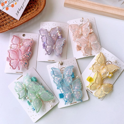 Butterfly Hair Clips Mesh Embroidery Sequin Artificial Pearl Hairpins Fairy Style Hanfu Hair Accessories For Kids Girls