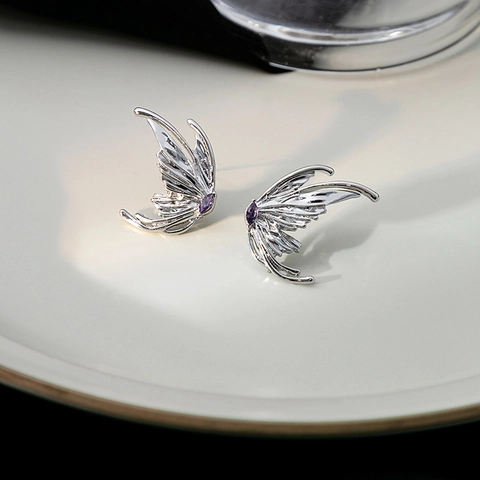 Butterfly Wing Stud Earrings Irregular Liquid Metal Style Purple Zircon Alloy Women Elf Ear Jewelry Stainless Steel Post