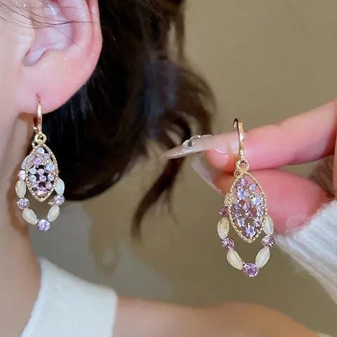 Vintage Palace Dangle Earrings With 925 Sterling Silver Earring Post Purple Rhinestone White Opal Jewelry For Women