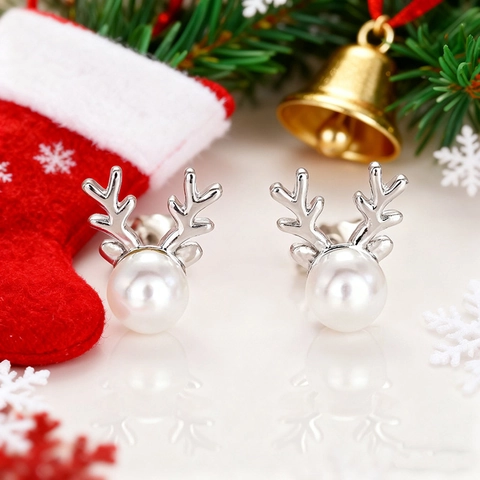 Reindeer Antler Stud Earrings Copper Imitation Artificial Pearl Christmas Holiday Jewelry For Women Girls