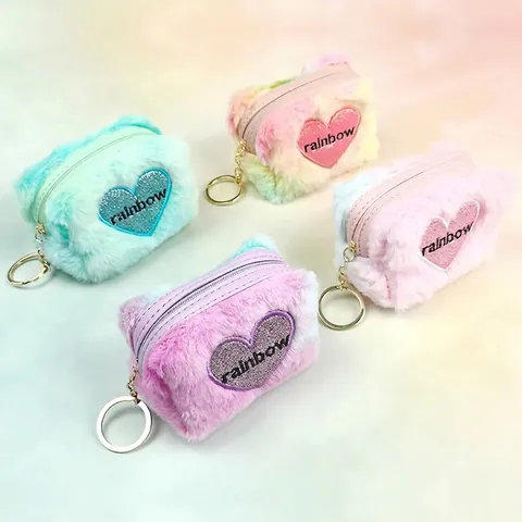 Mini Porte Monnaie En Peluche Brodé Cœur Porte Clés Petit Sac Géométrique À Fermeture Éclair Pour Rouge À Lèvres Fausse Fourrure