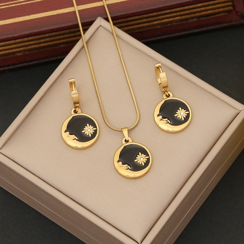 Collana E Orecchini Pendente Rotondo Stella Luna Fiore Acciaio Inossidabile Smalto Strass Catena Serpente Per Donne
