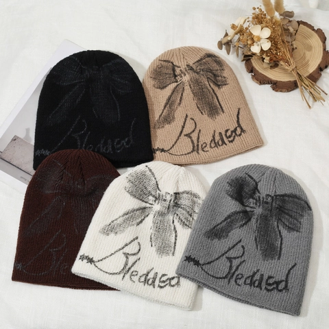 Women Vintage Bow Knit Beanie Hat Blessed Letter Pattern Warm Winter Polyester Crochet Skull Cap For Outdoor Daily Wear