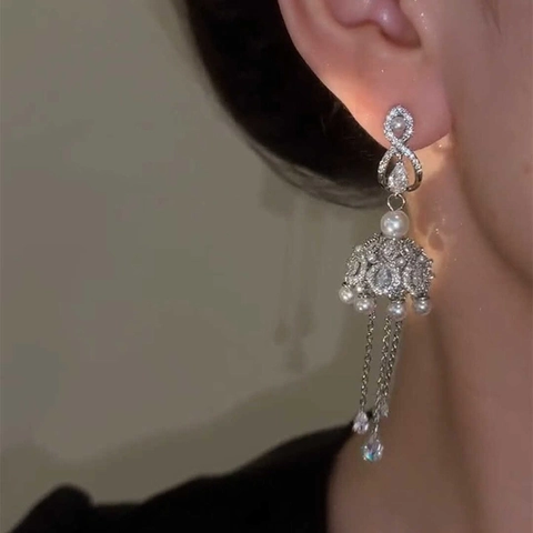 Vintage Hollow Bell Tassel Drop Earrings With Imitation Artificial Pearl Zircon Silver Earring Post Elegant Wedding For Women
