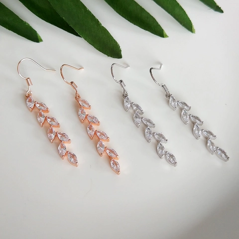 Marquise Cut Zircon Leaf Dangle Earrings Long Wheat Ear Drop Copper Jewelry For Women Elegant Bridal Party Accessory