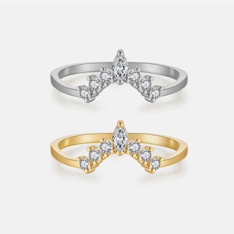 Anillo de Corona de Plata de Ley S925 para Mujer Forma en V Apilable Strass Simple Moda Incrustación Joyería Regalo