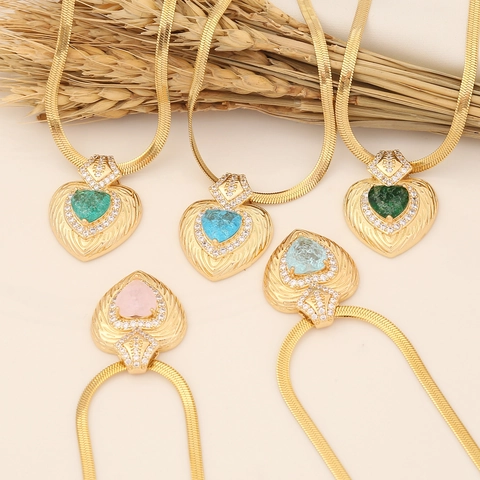 Collier Chaîne Serpent En Accier Inoxydable Avec Pendentif Coeur En Cuivre Zircon Coloré Bijoux De Clavicule Pour Femmes