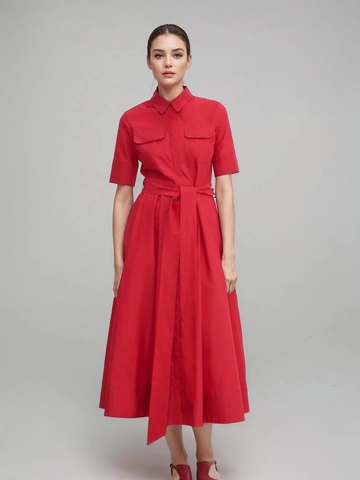 Women Shirt Dress Short Sleeve Solid Polyester Belted Lapel Single Breasted A-line Maxi Casual Style
