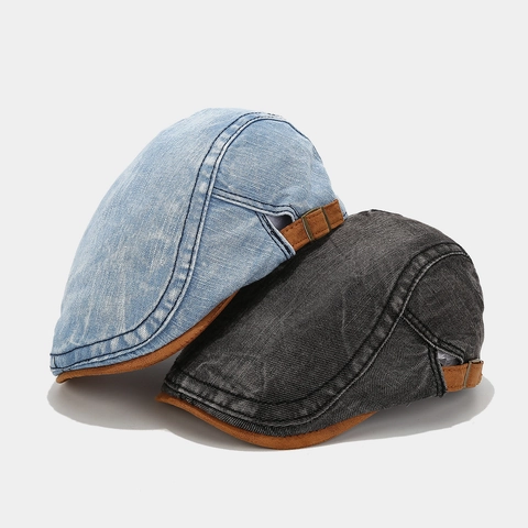 Retro Washed Denim Flat Cap With Faux Suede Brim Adjustable Vintage Contrast Color Ivy Hat For Men Women