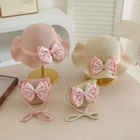 Chapeau De Paille Et Sac À Bandoulière Pour Enfants Filles Plage Été Dentelle Nœud Papillon Bord Ondulé Style Princesse