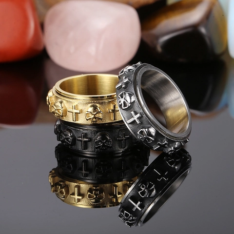 Anillo Giratorio De Calavera Y Cruz Para Hombre Acero De Titanio Gótico Punk Alivio Del Estrés Joyería