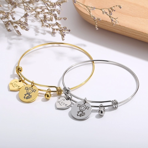 Pulsera Ajustable De Acero Inoxidable Colgante Corazón Love Niña Dibujo Joyería Regalo Mujer