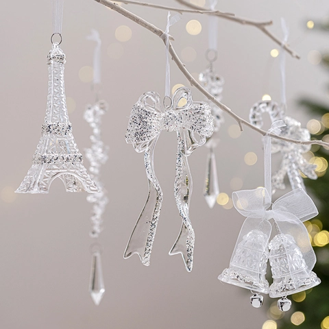 Christmas Tree Hanging Ornaments Clear Acrylic Silver Glitter Sparkling Crystal Effect Holiday Party Decoration Pendants