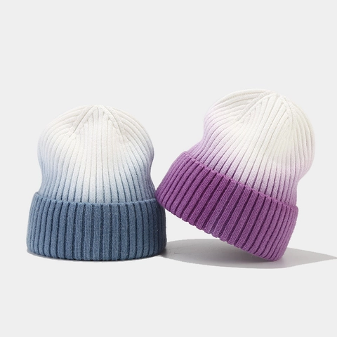 Winter Beanie Hat Ombre Gradient Color Ribbed Knitted Viscose Warm Cuffed Outdoor Ski Skull Cap For Women Men