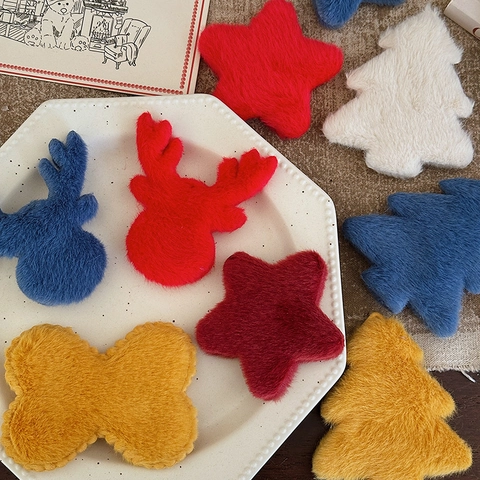 Christmas Plush Ornaments Faux Fur Tree Reindeer Star Heart Bow Patches For DIY Craft Holiday Home Decor