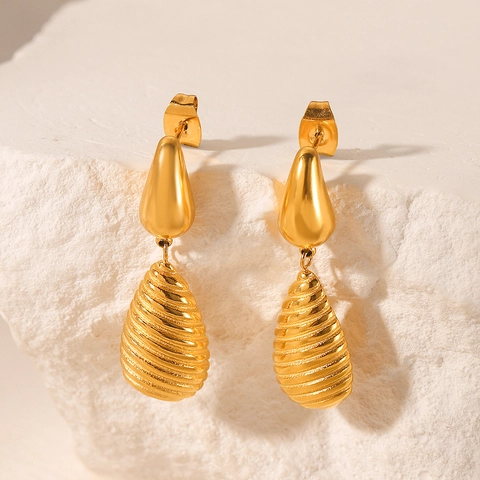 18K Gold Plated Stainless Steel Water Drop Earrings For Women Elegant Threaded Texture Minimalist Pendant Jewelry