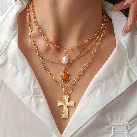 Collana Multistrato Lega Ferro Pendente Croce Gemma Vetro Arancione Ovale Perla Artificial Imitazione Bohemien Retrò Per Donna