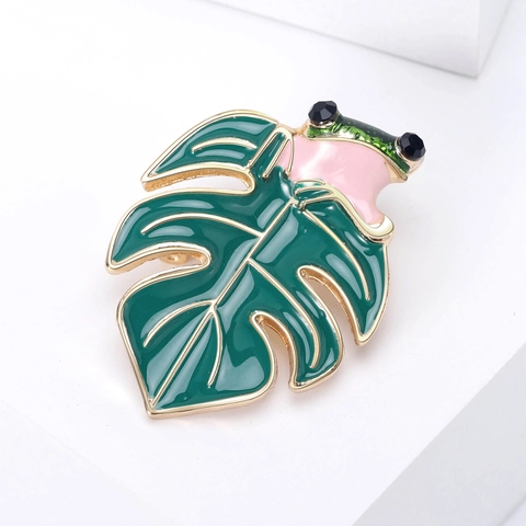 Vintage Legierung Frosch Auf Monstera Blatt Brosche Emaille Tier Reversnadel Für Damen Kreativ Mode Strass Korsage Schmuck Geschenk