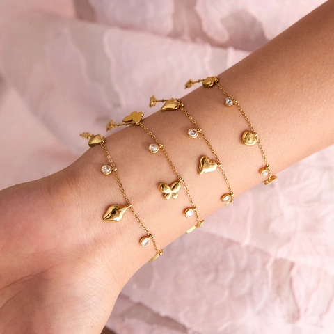 Heart Butterfly Starfish Charm Bracelet Stainless Steel Zirconia Crystal Inlaid 18K Gold Plated Waterproof Jewelry Women