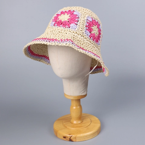Handmade Crochet Paper Straw Bucket Hat Foldable Flower Pattern Wide Brim Summer Beach Sun Hat For Women Bohemian Style