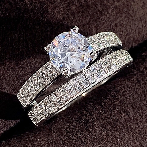 Round Zircon Rings Copper White Gold Plated Wedding Engagement Combination Jewelry For Women Simple Elegant