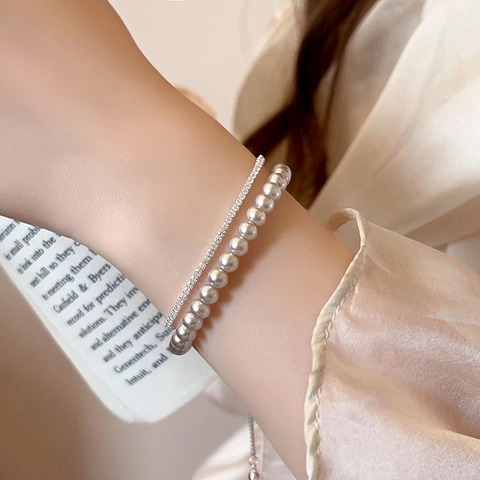 Braccialetto alla Moda con Rosa e Zirconia in Perla Artificiale Elegante a Doppio Strato Regolabile Gioielli da Polso per Donna Festa Quotidiana