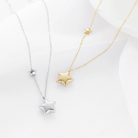 Collana Con Pendente Doppia Stella Pentagramma Acciaio Inossidabile Placcato Oro 14K Lucido Minimalista Gioielli Donna