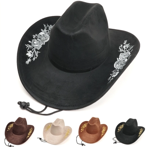 Vintage Western Cowboy Hat Polyester Suede Floral Embroidery Wide Brim Jazz Fedora With Adjustable Wind Rope For Men Women
