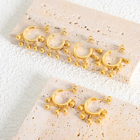 Titanium Steel C-Shaped Hoop Earrings Gold Plated Bead Tassel Retro Fashion Jewelry Accessories For Women
