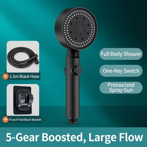 Soffione Doccia A Mano Alta Pressione Multi Modalità Con Pulsante Arresto Acqua ABS Nero Opaco Risparmio Idrico Bagno