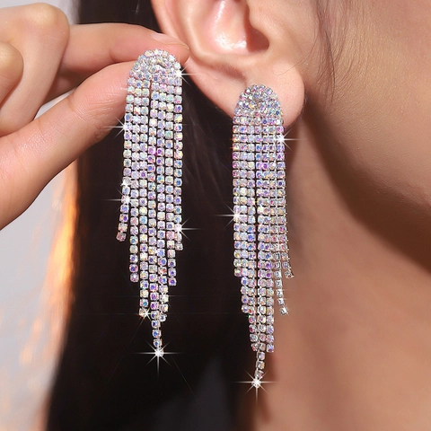 Luxury Shiny Rhinestone Long Tassel Drop Earrings For Women Elegant Geometric Dangle Earrings Wedding Party Jewelry Gift