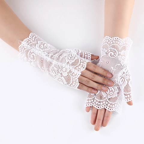 Guantes De Encaje Sin Dedos Para Mujer Corto Patrón Floral Medio Dedo Protección Solar Para Fiesta Baile Elegante