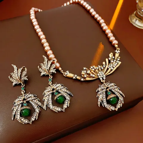 Vintage Baroque Jewelry Necklace And Earrings Faux Artificial Pearl Green Gemstone Leaf Rhinestone Silver Earring Post Women