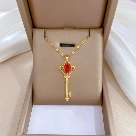 Key Pendant Necklace Crown Red Water Drop Gemstone Gold Titanium Steel Chain Copper Micro Inlay Clavicle For Women