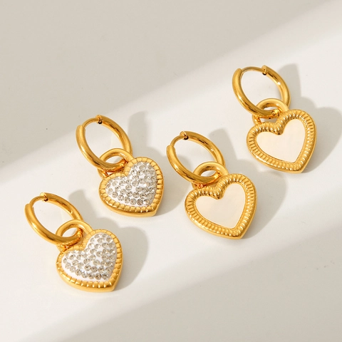 Pendientes De Aro Con Colgante De Corazón De Acero Inoxidable Chapado En Oro De 18K Con Incrustación De Concha Para Mujer