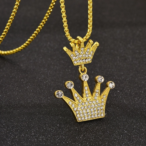 Hip Hop Königskrone Anhänger Halskette Vergoldete Legierung Mit Strasssteinen Modeschmuck Für Herren Damen Trendig