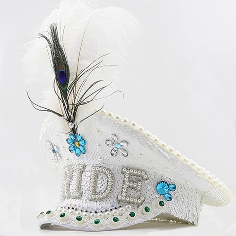 Bride Captain Hat With White Sequins Artificial Pearls Rhinestones And Feathers For Wedding Bachelorette Party Luxury Military Style