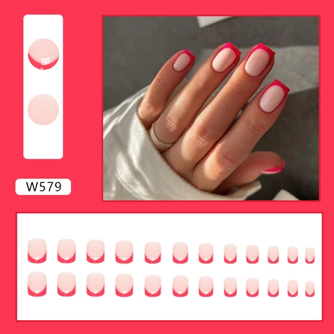 Unghie Finte Corte Quadrate Press On Punte Francesi Rosse Manicure Lucida Decorativa Moda Per Donne Elegante Semplice