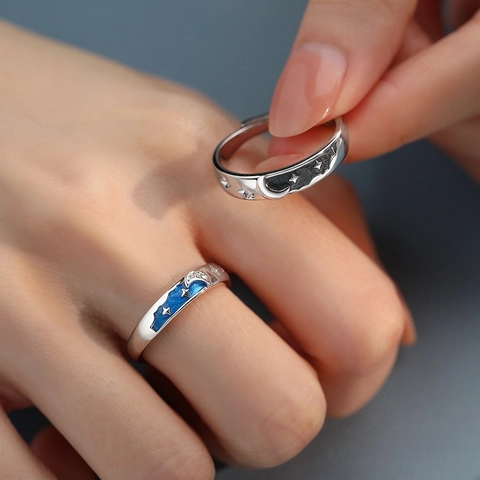 S925 Sterlingsilber Stern Mond Paar Ringe Emaille Strass Verstellbarer Offener Ring Romantische Sternenhimmel Schmuck Für Liebhaber Geschenk
