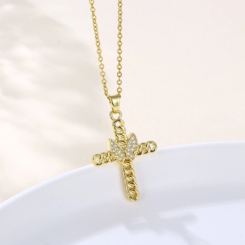 Collana Croce Pendente Farfalla Zircone Placcato Oro 18K Rame Acciaio Inossidabile Catena Corda Clavicola Gioielli Donna