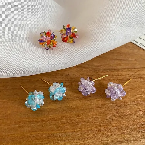 Colorful Crystal Flower Cluster Stud Earrings With 925 Sterling Silver Earring Post Elegant Sweet Jewelry For Women