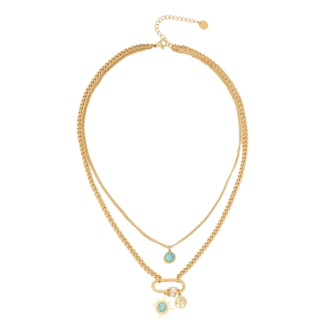 Double Layer Stainless Steel Necklace For Women Turquoise Pendant Hexagram Snake Fish Charms Personalized Trendy Jewelry
