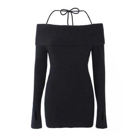 Ribbed Knit Off-Shoulder Halter Mini Dress Long Sleeve With Thumbholes Slim Fit Polyester Acrylic Solid Color Women