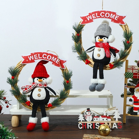 Ghirlanda Di Natale Pinguino Anello Rattan Segno Benvenuto Bambola Peluche Pino Artificiale Bacca Decorazione Porta