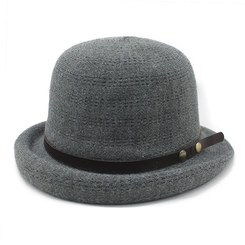 Women Vintage Knitted Bowler Hat Warm Breathable Curled Brim Basin Hat With Leather Strap And Metal Rivets