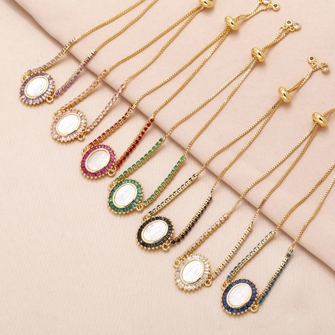 Virgin Mary Adjustable Bolo Bracelet Copper Gold Plated Colorful Zircon Shell Religious Jewelry For Women