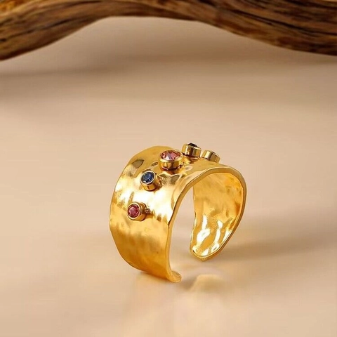 Hammered Texture Wide Band Open Ring Stainless Steel Multi Color Zircon Gold Plated Retro Jewelry For Women