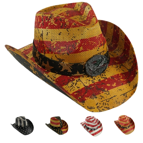 Cappello Da Cowboy Western Vintage Paglia Di Carta Bandiera Americana Stelle Strisce Tesa Larga Estate Spiaggia Festa